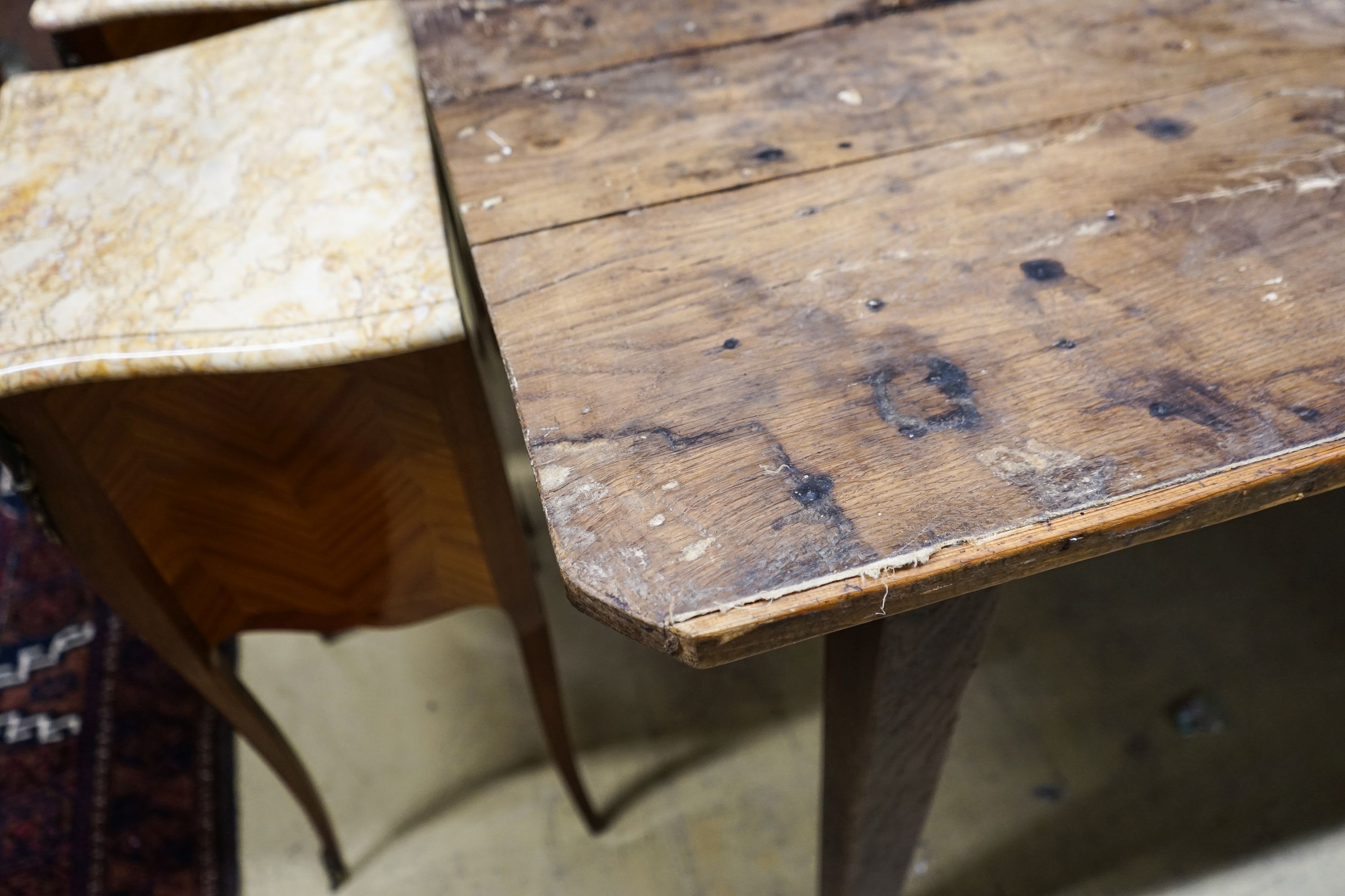 An early 19th century French provincial oak farmhouse table, length 243cm, depth 87cm, height 78cm